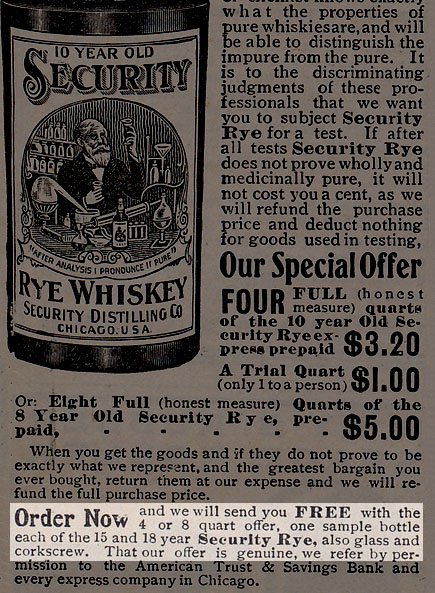 Advertisement for 10-Year Old Securty Rye Whiskey, from Security Distilling Co. of Chicago, IL.