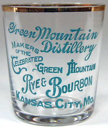 Green Mountain Distillery shot glass with a blue-green label.