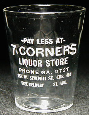 Pay Less at 7 Corners Liquor Store, St. Paul, MN, post-Repeal glass